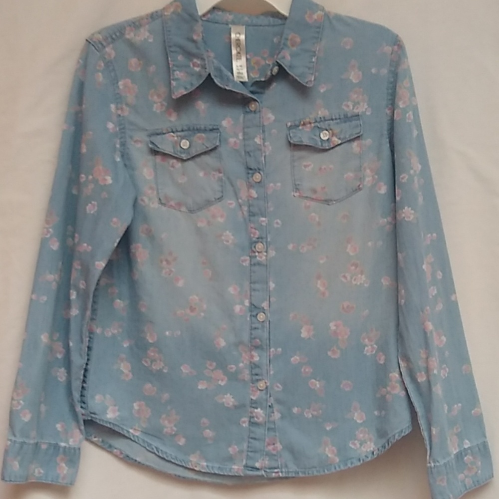 Cherokee Floral Denim Button Down Shirt L 10 12
